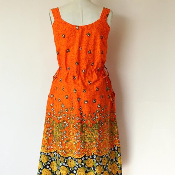 Vintage 1970s 1980s Dress with Pockets, Orange and Black Floral Print Sundress, - Picture 10 of 10